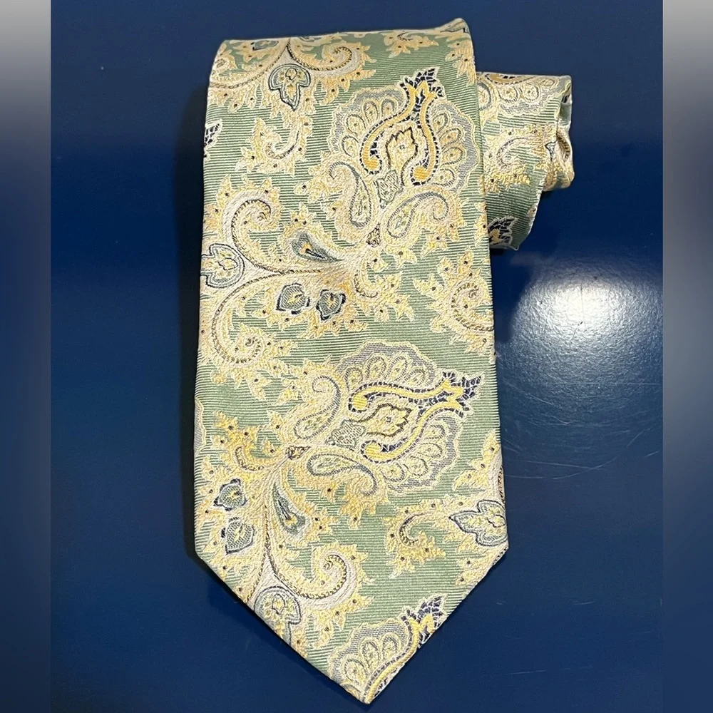Paul Frederick Floral Paisley Metallic Silk Tie Blue Green Gold Vintage 80s 90s